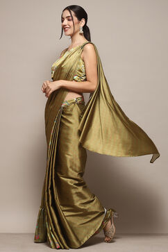Green Polyester Pre-draped Saree & A Stitched Blouse With Floral Prints image number 2