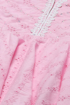 Pink Schiffli Cotton Flared Kurta With Palazzo & Net Dupatta image number 1