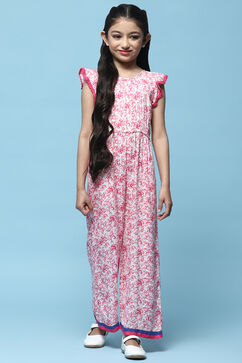 Pink Printed Rayon Slub Jumpsuit With Flutter Sleeves image number 5
