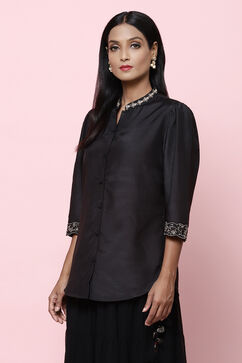 Black Straight Art Silk Shirt Embroidered Kurti image number 3