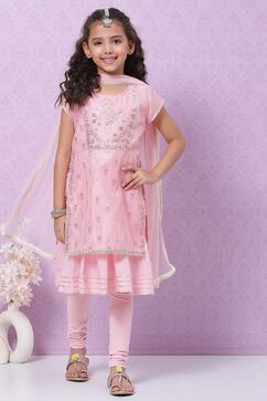 Pink Cotton Blend Flared Kurta Churidar Suit Set image number 0