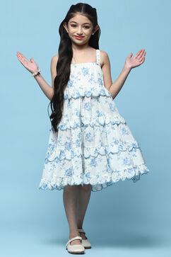 White Floral Strappy Tiered Dress With Scalloped Frill image number 0