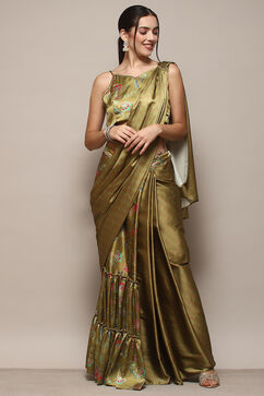 Green Polyester Pre-draped Saree & A Stitched Blouse With Floral Prints image number 5