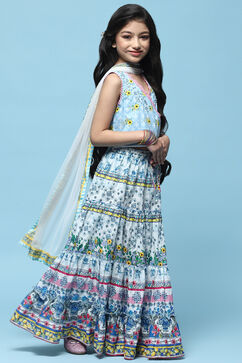 White Tiered Lehenga With Printed Blouse & Net Dupatta image number 6