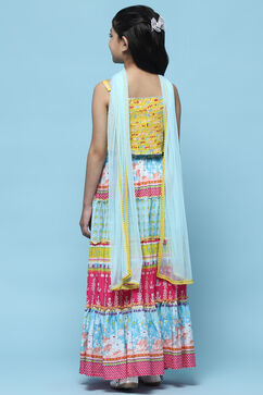Yellow Cotton Strappy Top With Tiered Lehenga & Net Dupatta image number 5