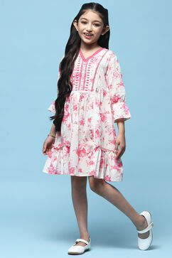 Pink Floral Printed Cotton Dress With Embroidered Yoke image number 2