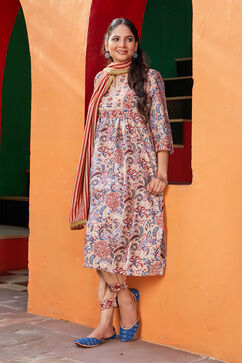 Beige Poly Cotton Layered Kurta Salwar Suit Set image number 0
