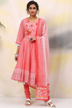 White & Pink Cotton Anarkali Kurta Churidar Suit Set image number 0