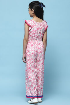 Pink Printed Rayon Slub Jumpsuit With Flutter Sleeves image number 3