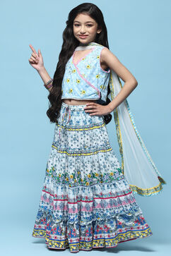 White Tiered Lehenga With Printed Blouse & Net Dupatta image number 4