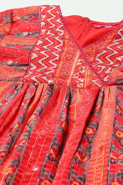 Red Printed Gathered Kurta With Red Solid Pant image number 1
