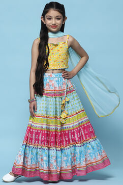 Yellow Cotton Strappy Top With Tiered Lehenga & Net Dupatta image number 0