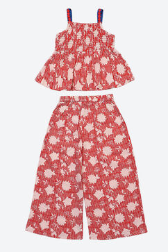 Red Printed Cotton Strappy Top & Flare Pant Set image number 3