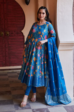 Teal Cotton Printed Anarkali & Churidar Suit Set image number 0