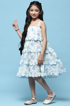 White Floral Strappy Tiered Dress With Scalloped Frill image number 2