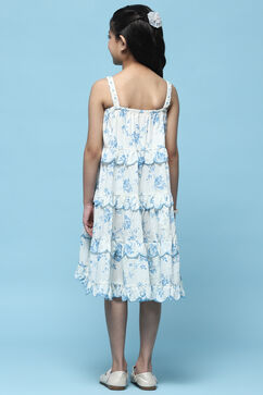 White Floral Strappy Tiered Dress With Scalloped Frill image number 3
