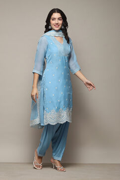Powder Blue Polyester Straight Kurta Salwar Suit Set image number 6