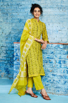Yellow Cotton Unstitched Suit set image number 7