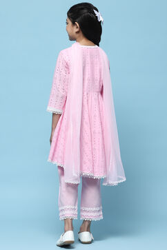 Pink Schiffli Cotton Flared Kurta With Palazzo & Net Dupatta image number 5