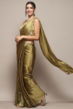 Green Polyester Pre-draped Saree & A Stitched Blouse With Floral Prints image number 0