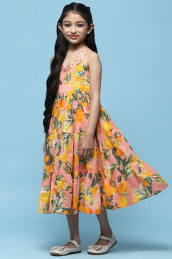 Yellow Printed Strappy Cotton Tiered Dress image number 2