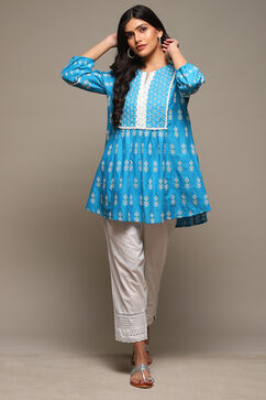 Blue Cotton Embroidered Kurti image number 0