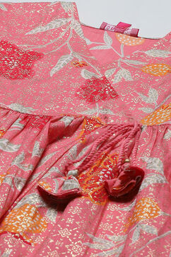 Pink Printed Gathered Cotton Kurta With Palazzo & Dupatta  image number 1