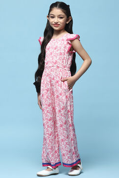 Pink Printed Rayon Slub Jumpsuit With Flutter Sleeves image number 2