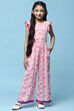 Pink Printed Rayon Slub Jumpsuit With Flutter Sleeves