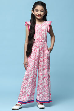 Pink Printed Rayon Slub Jumpsuit With Flutter Sleeves image number 0