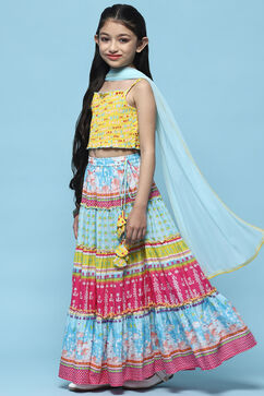 Yellow Cotton Strappy Top With Tiered Lehenga & Net Dupatta image number 4