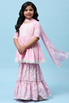 Pink Cotton Peplum Kurta & Sharara With Khadi Print Dupatta image number 0