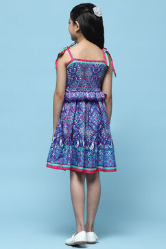 Blue Mosaic Printed Cotton Shoulder Tie Up Dress image number 3
