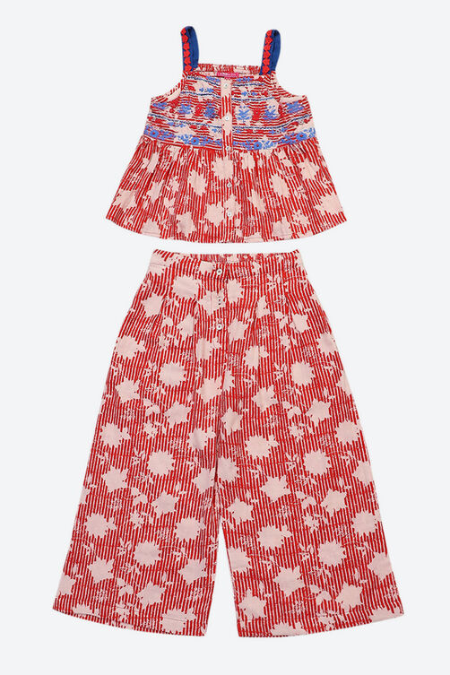 Red Printed Cotton Strappy Top & Flare Pant Set image number 0