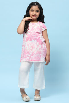 Pink Floral Printed Cambric Kurta White Straight Palazzo  image number 0