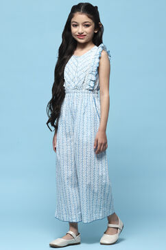 Blue Printed Cotton Jumpsuit With Lace Details image number 2