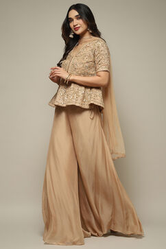 Beige Cotton Silk A-Line Embroidered Kurta Sharara Suit Set image number 4