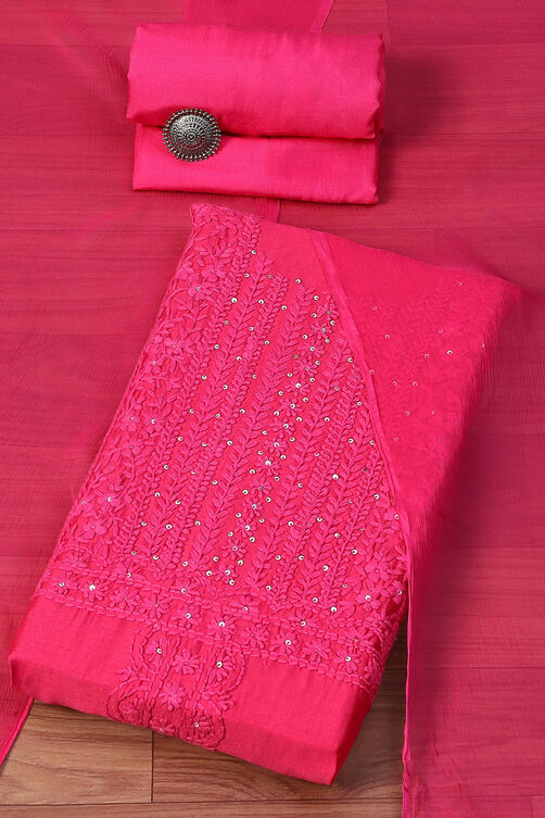 Fuchsia Chanderi Hand Embroidered Unstitched Suit Set image number 0