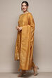 Mustard Viscose Straight Yarndyed Kurta Regular Pants Suit Set image number 4