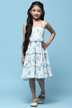 White Floral Strappy Tiered Dress With Scalloped Frill image number 5