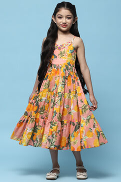 Yellow Printed Strappy Cotton Tiered Dress image number 5