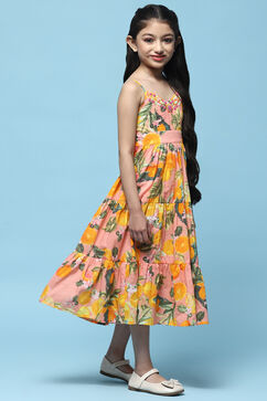 Yellow Printed Strappy Cotton Tiered Dress image number 4