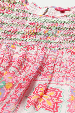 Pink Mosaic Printed Chiffon Dress With Smocking On Yoke image number 1