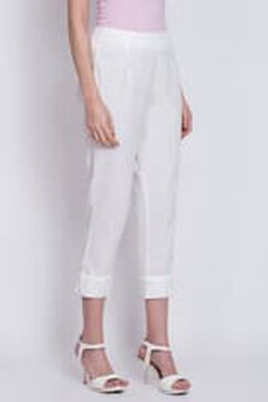 White Cotton Blend Narrow Pants image number 2