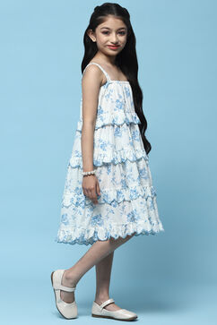 White Floral Strappy Tiered Dress With Scalloped Frill image number 4