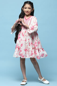 Pink Floral Printed Cotton Dress With Embroidered Yoke image number 0