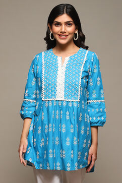 Blue Cotton Embroidered Kurti image number 5