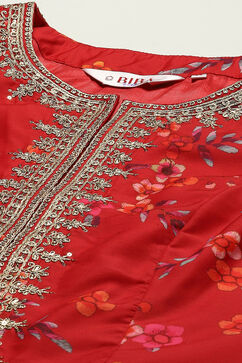 Red Floral Printed Flared Lehenga Set with Jacket image number 1
