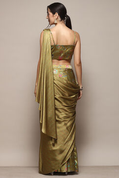 Green Polyester Pre-draped Saree & A Stitched Blouse With Floral Prints image number 3
