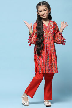 Red Printed Gathered Kurta With Red Solid Pant image number 0